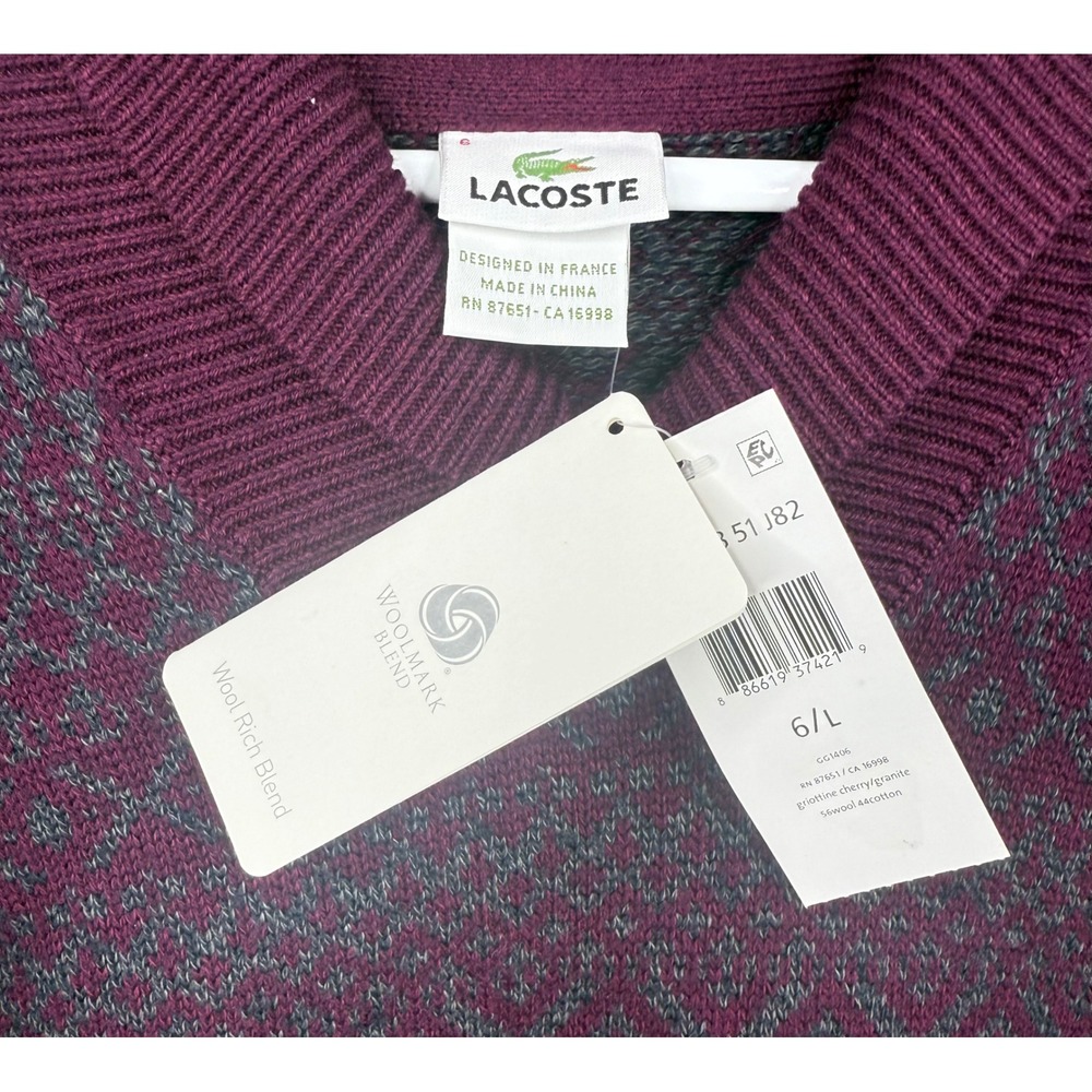 Lacoste Mens Wool Blend Geometric Diamond V-Neck Sweater Cherry GG1406 Size 6 - Picture 3 of 8